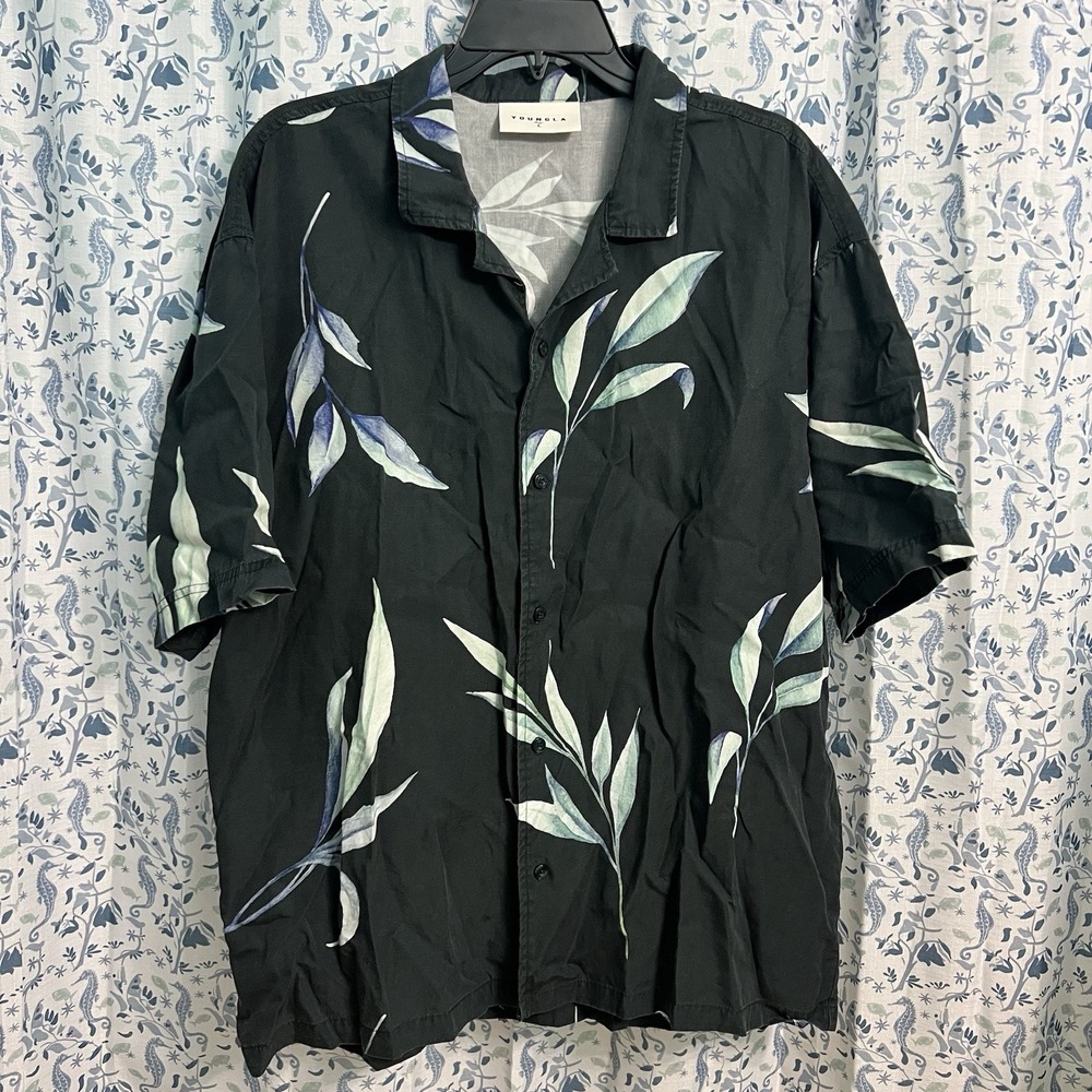YoungLA Lah Casa Hawaiian Floral Shirt Tencel Linen Medium Mens Blue Aloha Camp